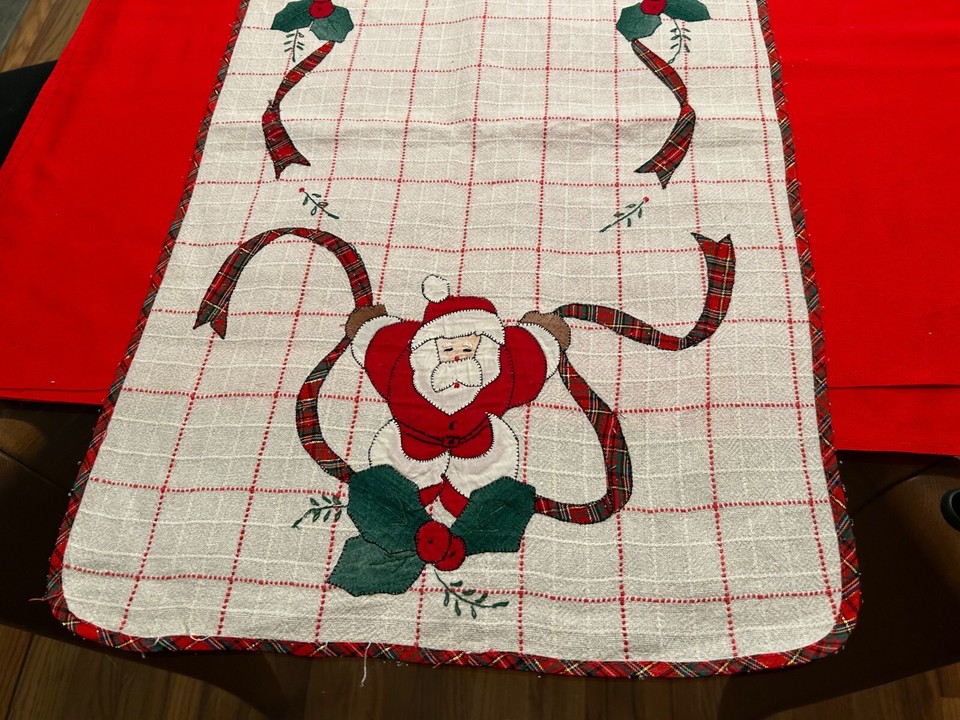 Vintage Christmas Holiday Applique Ribbons Santa Claus Runner 52" x 15.
