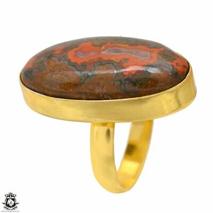 Authentic Size 7.5 - Size 9 Adjustable Moroccan Seam Agate 24K Gold Plated Ring GPR1685