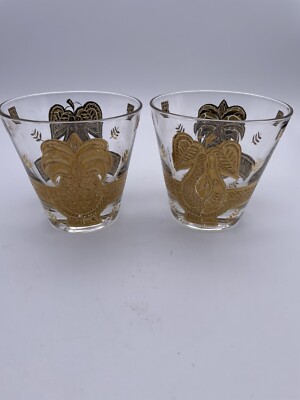 2 Georges Briard Pineapple Pear Lowball Rock Glass 22k Gold Forbidden Fruit MCM