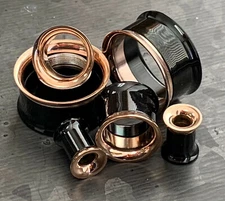 PAIR Black and Rose Gold Internally Threaded Tunnels Plugs Earlets Gauges