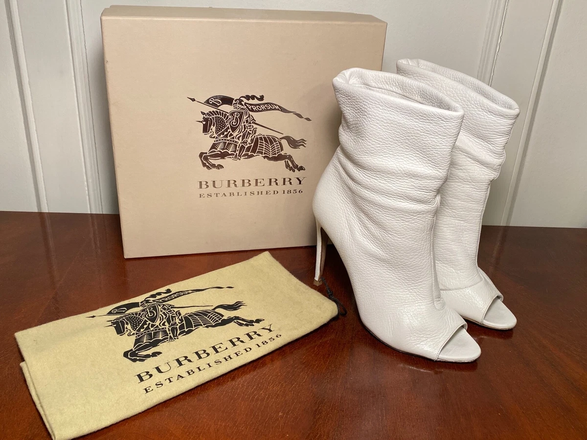 BURBERRY Size 38 US 8 White Leather Heritage Grain Burlison Peep Toe Ankle Boots