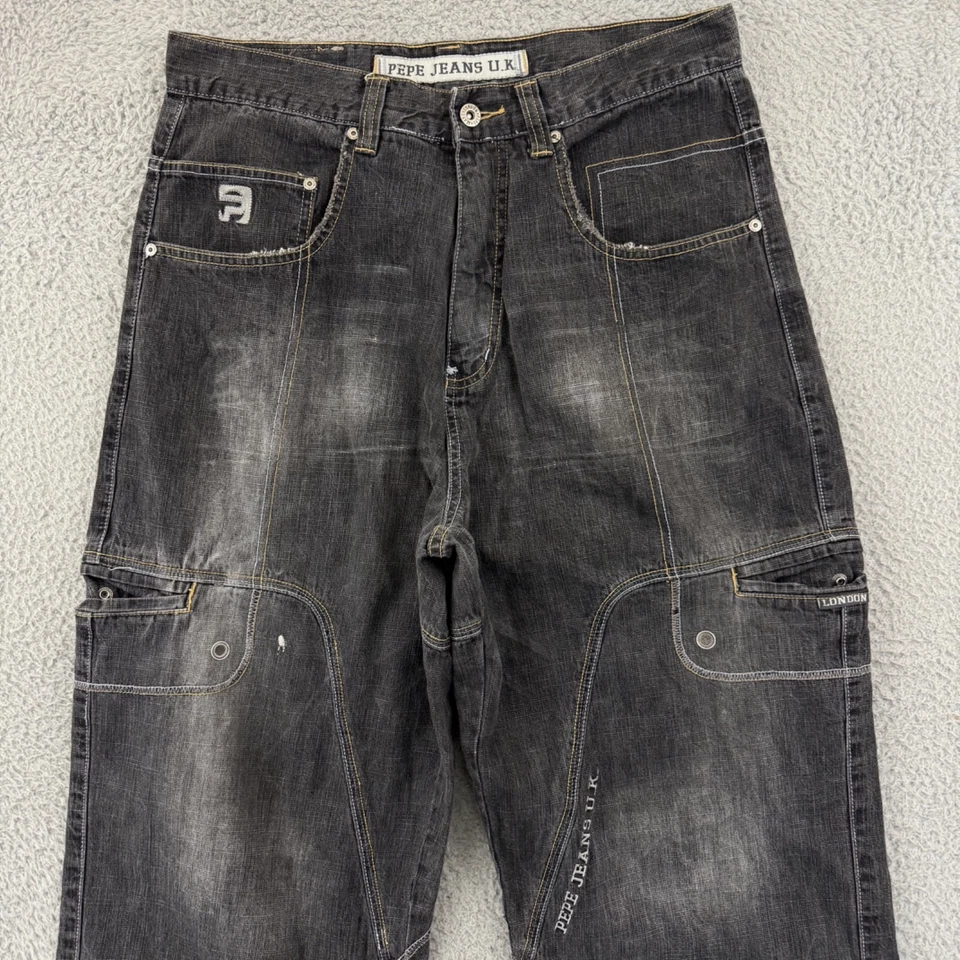 Jeans Pepe Vintage Hombres 34x34 Negro Denim Y2K Pierna Ancha Sueltos Doble Rodilla Cremallera Foto 3 de 4