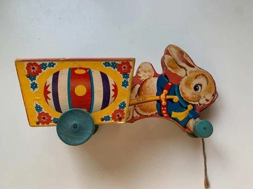 Vintage Fisher Price #401 Bunny Cart Wooden Pull Toy '54-'56 EXC