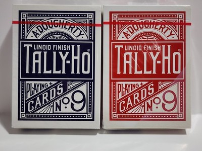 2 Packs Linoid Finish Tally-Ho Poker Playing Cards Red & Blue Circle Back Decks