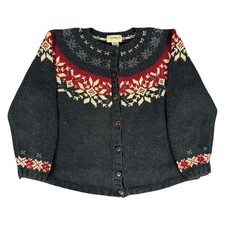 Eddie Bauer Fair Isle Cardigan Sweater Womens L Gray Nordic Chunky Ramie Cotton