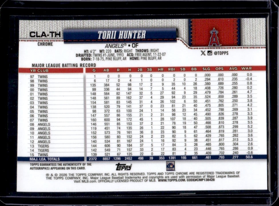 2026 Topps Chrome Torii Hunter Legend Auto Gold Refractor SSP #/50 Angels view 2