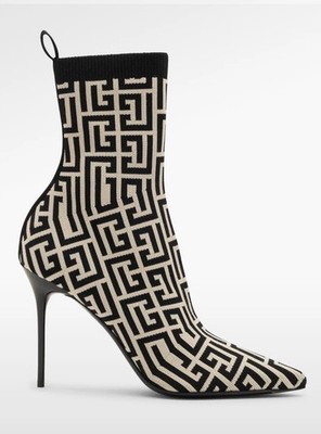 Balmain Skye Stretch Knit Ankle Boots EU 37 Monogram Pattern Made in Italy