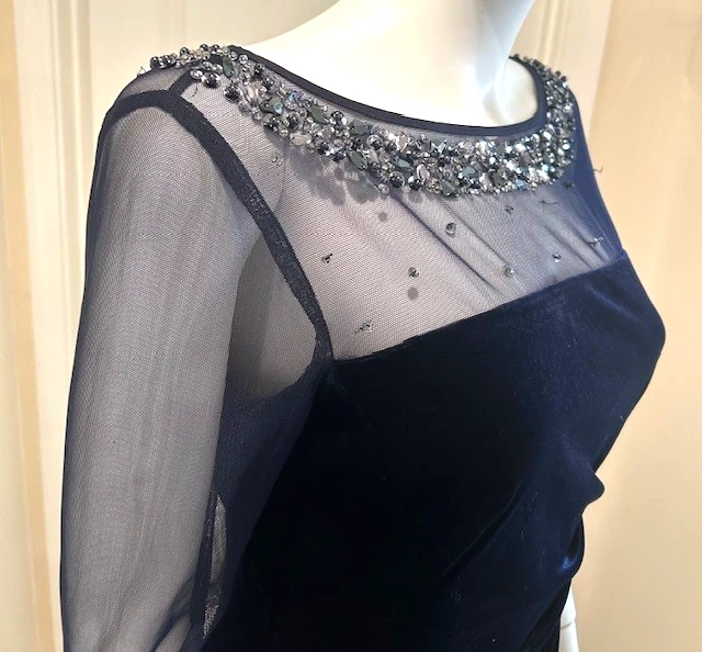 Vestido de Fiesta Formal TAHARI Azul Marino Terciopelo Estrás Cuentas Escote Transparente Talla 4 Foto 3 de 4