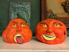 Vintage Halloween Ceramic Pumpkin Face Tea Light Candle Holders Pair 5" Orange