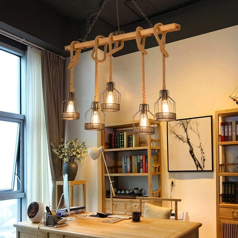 Lámpara de techo colgante Edison con viga de madera rústica | Downlight interior para granja... Foto 2 de 4