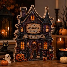 Personalized Halloween Haunted House Wooden Block, Family Name Shelf Decor Gift