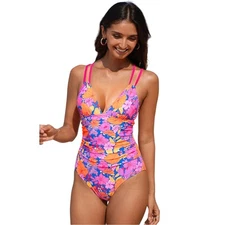 Cupshe Women's Floral Plunging Ruched One Piece Swimsuit Pink Size Large