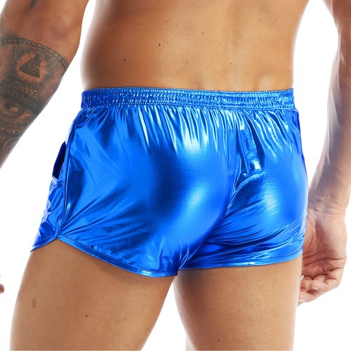 Pantalones cortos boxer metálicos brillantes para hombre tiro bajo cintura elástica ropa de club nocturno disfraz