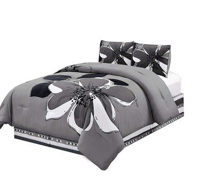 4 Pc Grey Gray Black Hibiscus Floral Cal King Size Comforter Set