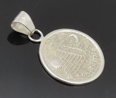 MEXICO 925 Silver Vintage Calendar Pyramid Carved Sun Moon Pendant