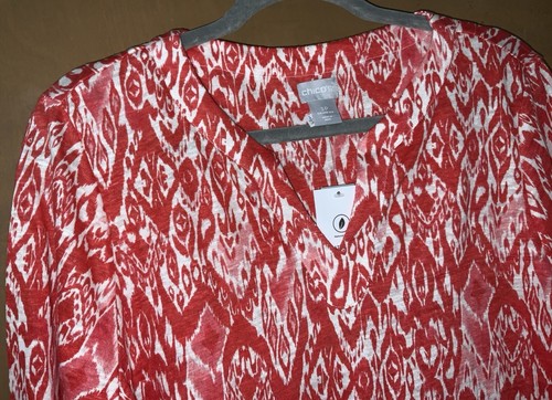 Chico's Top Womens XL Petite 3P Red White Ikat Linen Split Neck Long Sleeve NEW - Picture 9 of 23