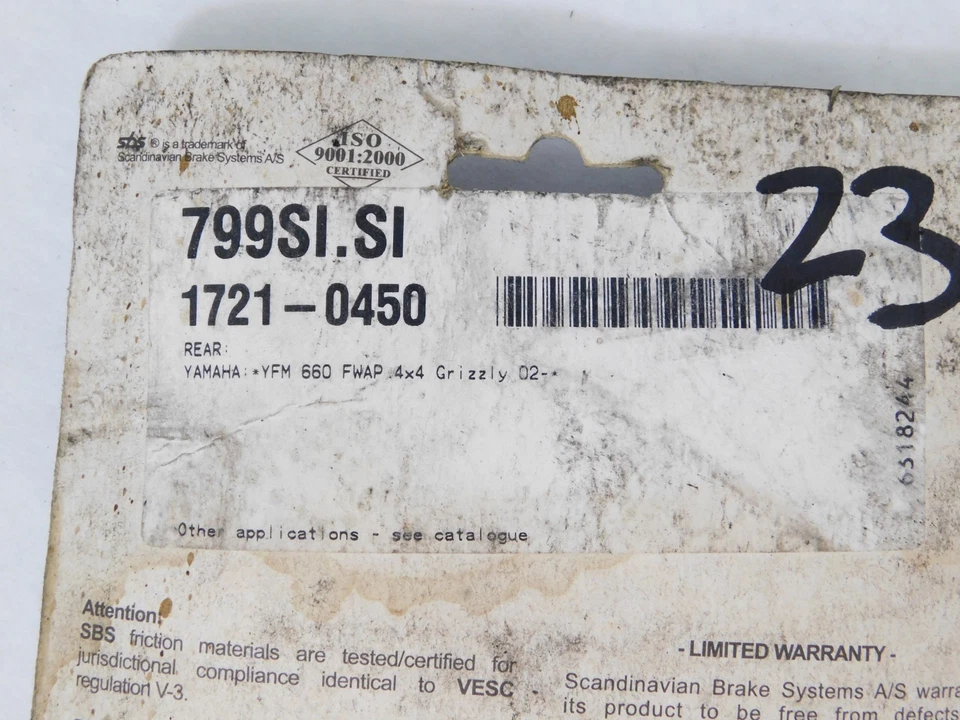 NUEVO SBS SI Juego de pastillas de freno sinterizadas 799SI / 1721-0450 Yamaha YFM 660 Grizzly Foto 4 de 4