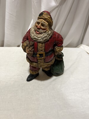 CRAIG KIRKWOOD CARVED SANTA FIGURE w/ Cat and Green Sack