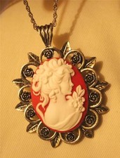 Lovely Rose Rim Red and White Profiled Lady Flowers Cameo Silvertone Necklace