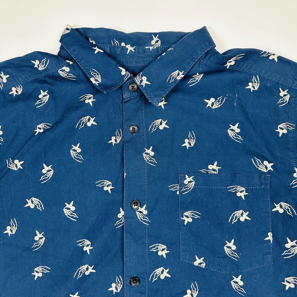Camisa de manga corta RVCA para hombre talla L calce ajustado azul pájaro patrón de mano ropa de calle Foto 2 de 4