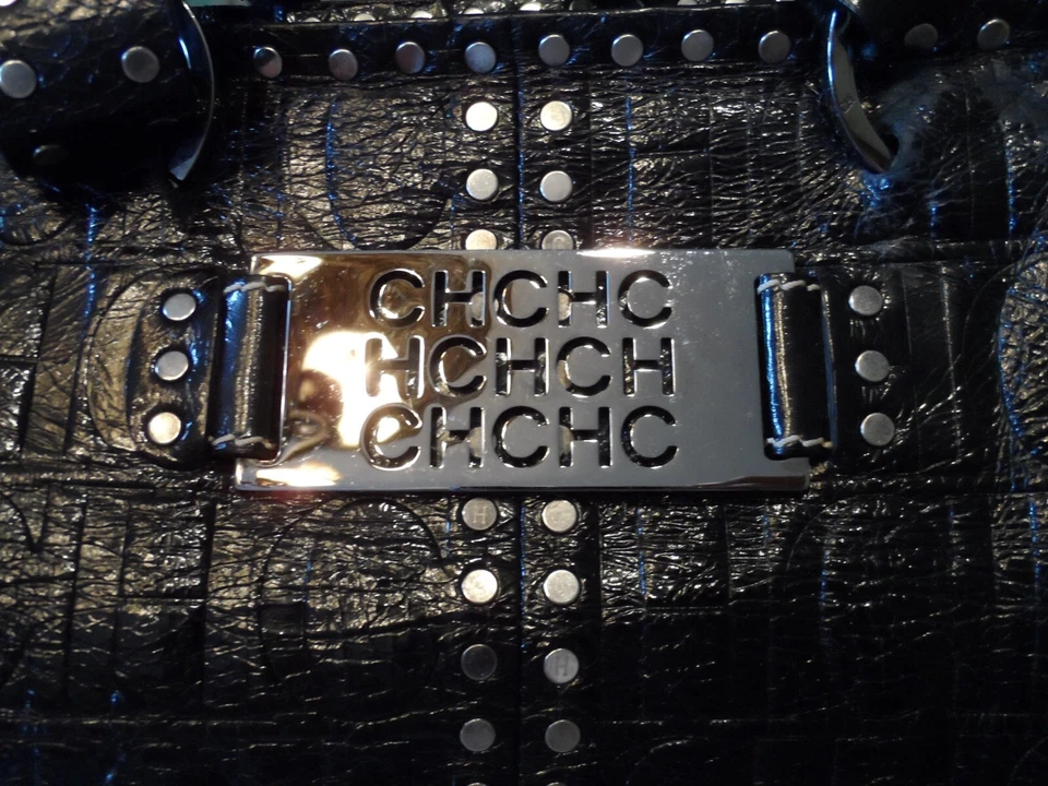 Carolina Herrera Studded Black CH Embosed Patent Leather Tote/Shoulder Bag - Image 3 of 4