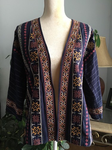 THML by Anthropologie Boho bestickte Jacke auf marineblauem Nadelstreifenstoff Gr. XS