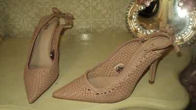 ZARA PEACHY BEIGE BRAIDED WOVEN POINTED SLINGBACK HIGH HEELS*BOW