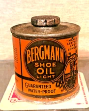 1920S BERGMANN SHOE OIL LIGHT 1/2 PINT CONE TOP TIN CAN PORTLAND OREGON WITH CAP