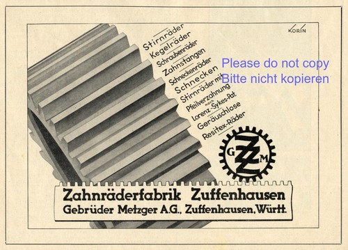 Getriebefabrik Metzger Zuffenhausen Germany deutsche Anzeige 1935 Zahnrad Kogin xc