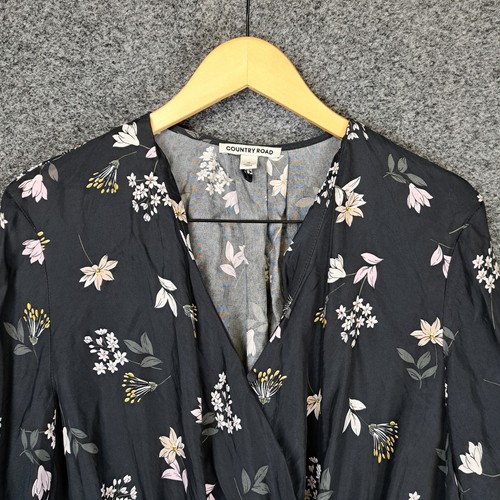 Country Road Womens Blouse Top Size 10 Black Floral Peplum Elastic Waist - Picture 3 of 9