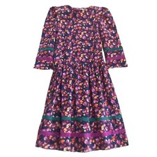 Vintage Chintz Floral Corduroy Puff Sleeve Pleated Waist Dress Size 10 READ