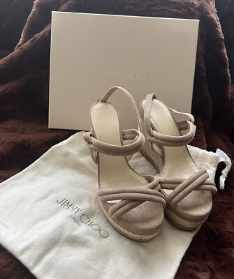 Jimmy Choo Luxury Women s Nomad Nude Suede Platform Espadrilles Wedge Size 37.5