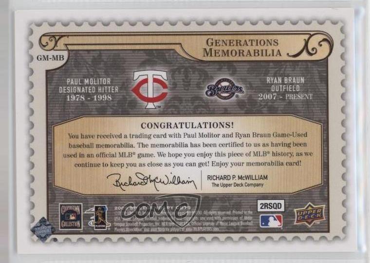 2009 SP Legendary Cuts Generations Memorabilia Paul Molitor Ryan Braun