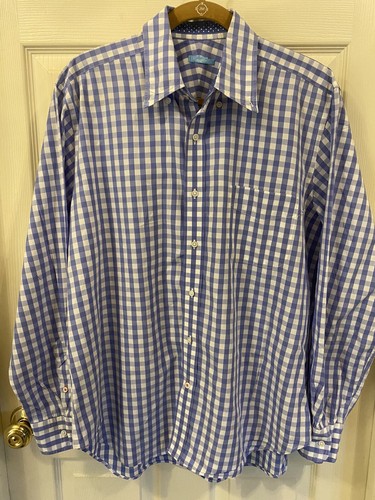 J. McLaughlin Mens Plaid Blue Button Down Shirt Size Large L Long Sleeves