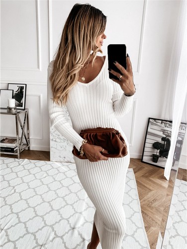 Women V Neck Knitted Sweater Dress Long Sleeve Bodycon Jumper Party Prom Dress - Picture 5 of 19