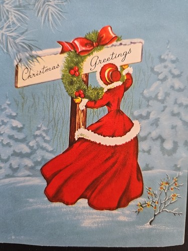 Vintage Weihnachtsgrußkarte viktorianische Dame roter Mantelkranz Grußschild 40er