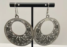 Large Round Reticulated Swirl Silver Tone French Wire Earrings Unmarked