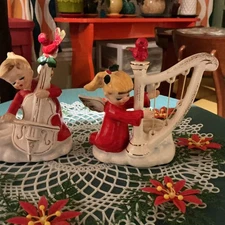 HOLT HOWARD ANGELS PLAYING HARP & Cello Set CANDLEHOLDERS CERAMIC 1960 Read