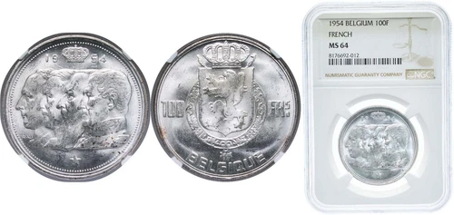 Belgium 1954 100 Francs Silver 835 165 copper NGC MS 64