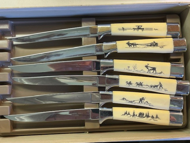 Chas. D. Briddell, Inc. Carvel Hall 6 Knife Set Engraved Scrimshaw