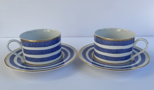 2 Crate Barrel Veranda Flat Tea Coffee Cup Mug & Saucer Blue White Gold Stripe - Picture 6 of 11