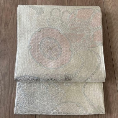 FUKURO OBI Beige Silver Thread Drum Chinese Pattern Treasure Pattern Formal