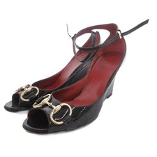 Gucci Pumps Open Toe Wedge Enamel Strap Black Women's Size EU36/US6