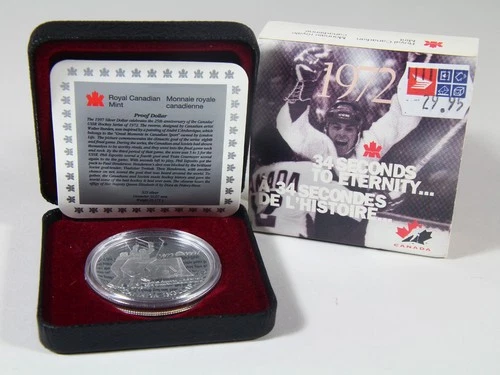 1997 Canada Silver Proof $1 coin. 34 Seconds to Eternity. Ice Hockey. OGP