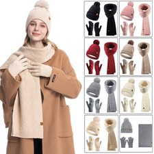 1/3Pcs Women Beanie Hat Pom Bobble Scarf Gloves Set Knitted Winter Warm Snow Cap