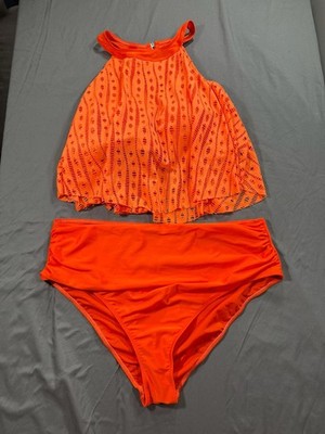 Women's High-Waisted Bikini Set, Laser-Cut Detail Halter Top, Orange, Size 4XL