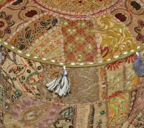 Indian Handmade Beige Vintage Pouf Cover Ottoman Patchwork Embroidered Stool - Image 2 of 3
