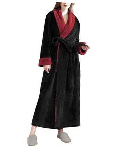 Women's Fleece Robes, Long Winter Warm Soft Plush Bathrobes X-Large Black-1 - Picture 1 of 7