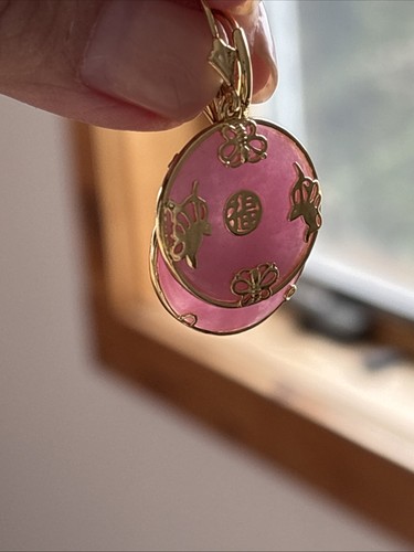 Orecchini pendenti rosa vintage quarzo rosa cinese 14 kt oltre 925 sterling - Foto 7 di 9