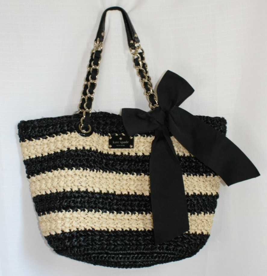 Bolso de Mano Pequeño Kate Spade Negro/Tostado Rayas Punto Carbón Brisa Tejido Rafia con Arco LG